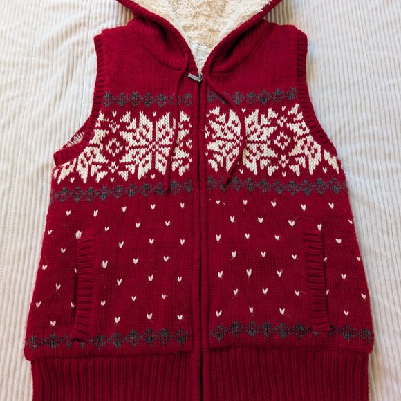 VINTAGE Aeropostale shirling lined fair isle hooded sweater vest red cream XL - Picture 4 of 9
